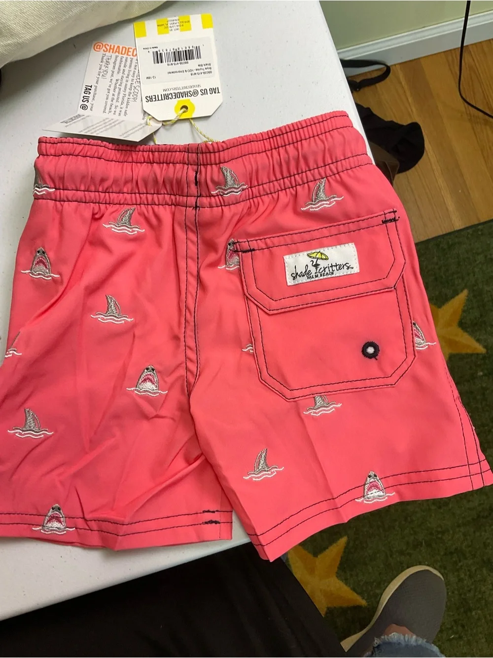 Shark Bite Boys 4 Way Stretch Water Appearing Embroidered Swim Trunks - Coral